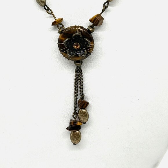 Nina Ricci For Avon Tiger Eye Necklace Dangle Floral Vintage Brass-tone - Picture 3 of 15